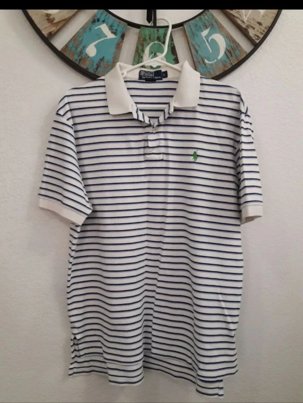 Polo Ralph Lauren White & Navy Striped Polo Shirt Size L